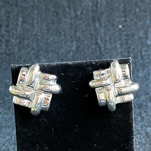 Square basketweave or lattice-style stud earrings- silver colored
